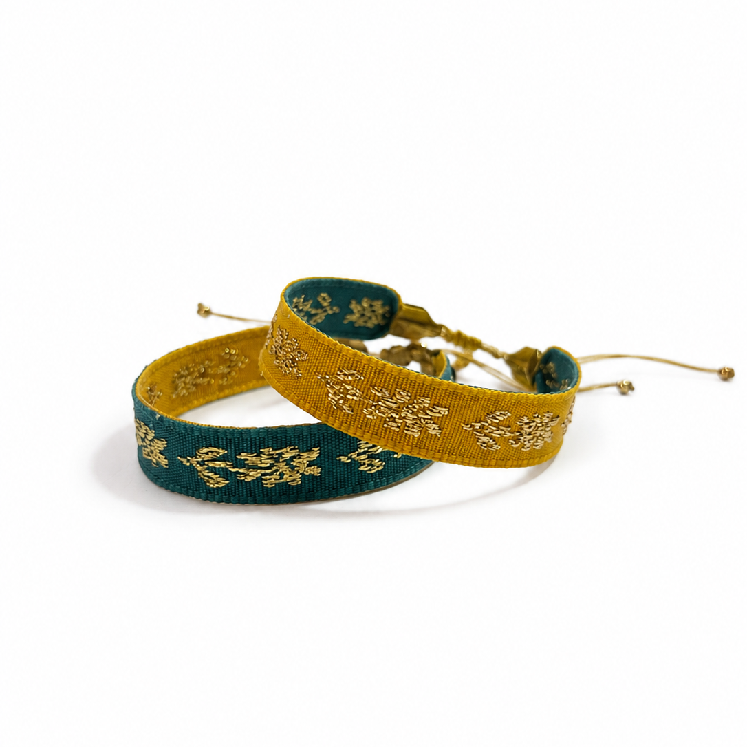 Pulsera Pollera Flor color Mostaza/ Aqua oscuro, joyería artesanal hecha a mano en Perú