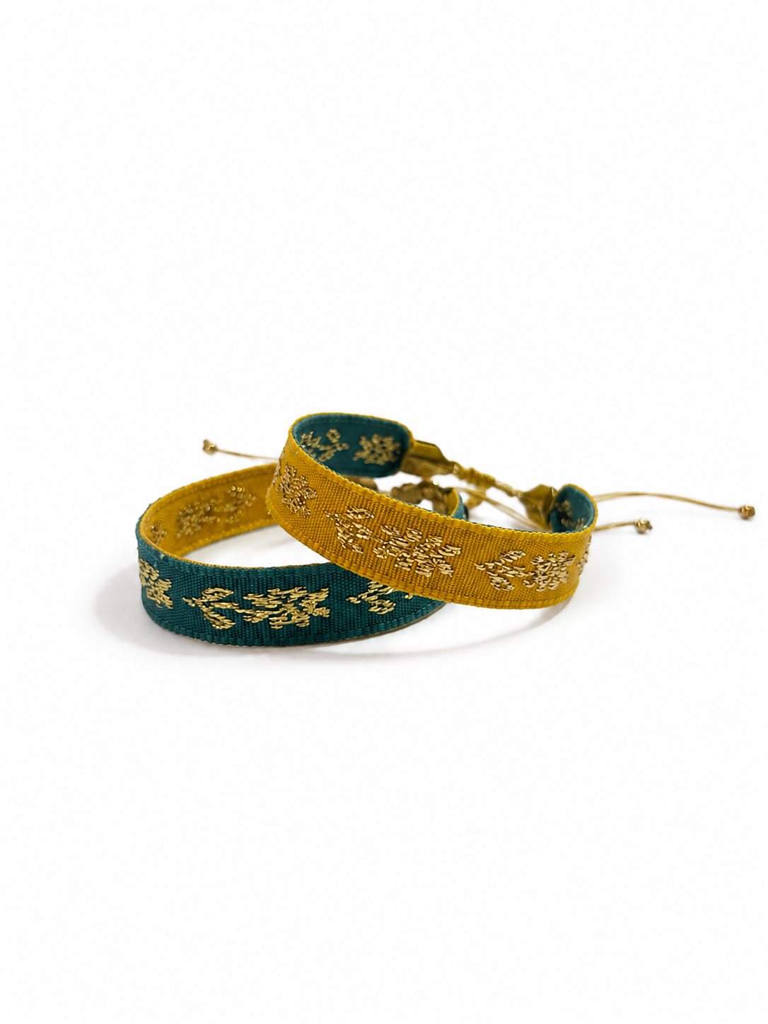 Pulsera Pollera Flor color Mostaza/ Aqua oscuro, joyería artesanal hecha a mano en Perú