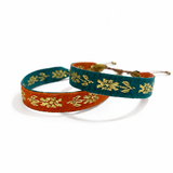 Pulsera Pollera Flor color Naranja/ Agua Oscuro, joyería artesanal hecha a mano en Perú