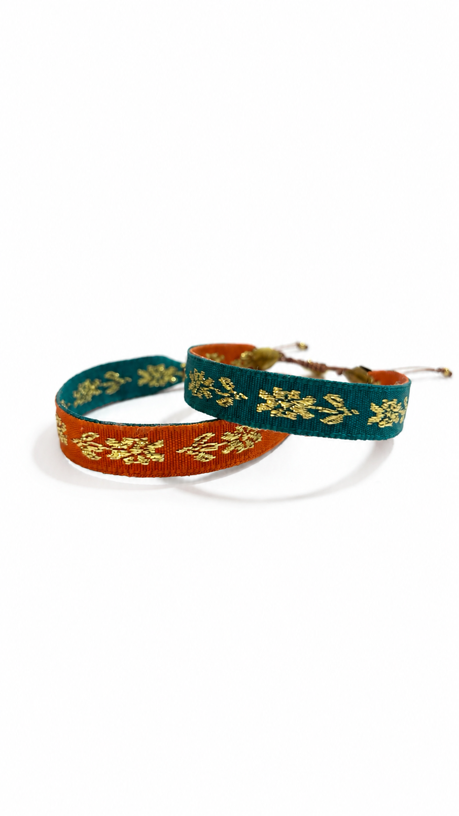 Pulsera Pollera Flor color Naranja/ Agua Oscuro, joyería artesanal hecha a mano en Perú