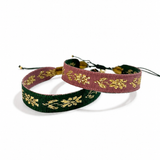 Pulsera Pollera Flor color Palo Rosa/Verde, joyería artesanal hecha a mano en Perú